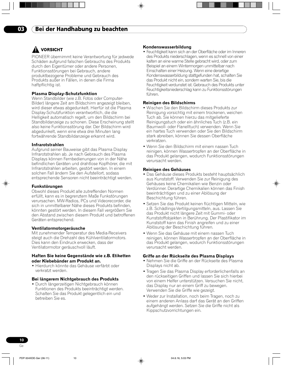 03 bei der handhabung zu beachten | Pioneer PDP-505HDE User Manual | Page 126 / 176