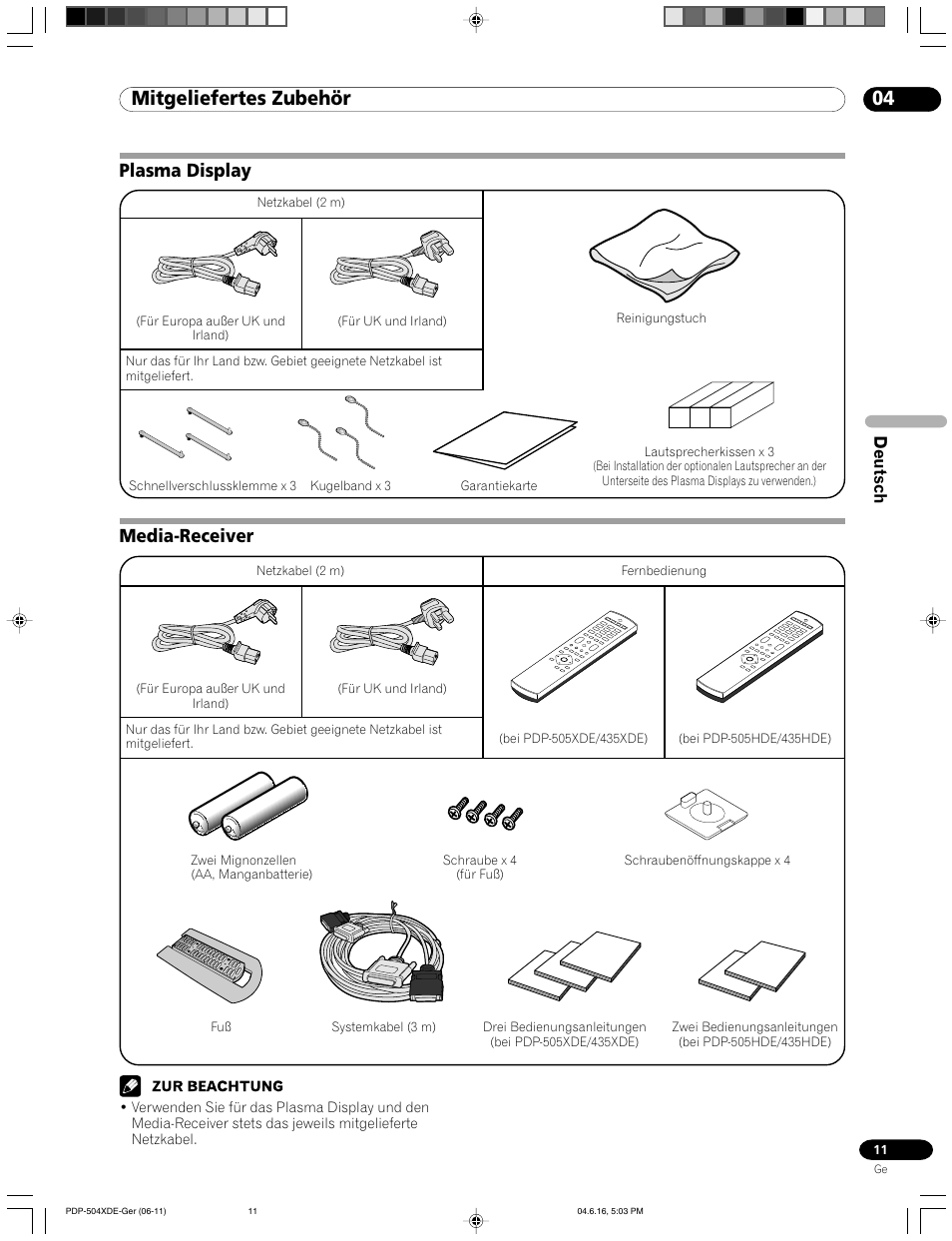 04 mitgeliefertes zubehör, Plasma display media-receiver, Media-receiver | Plasma display, Deutsch | Pioneer PDP-505HDE User Manual | Page 127 / 176