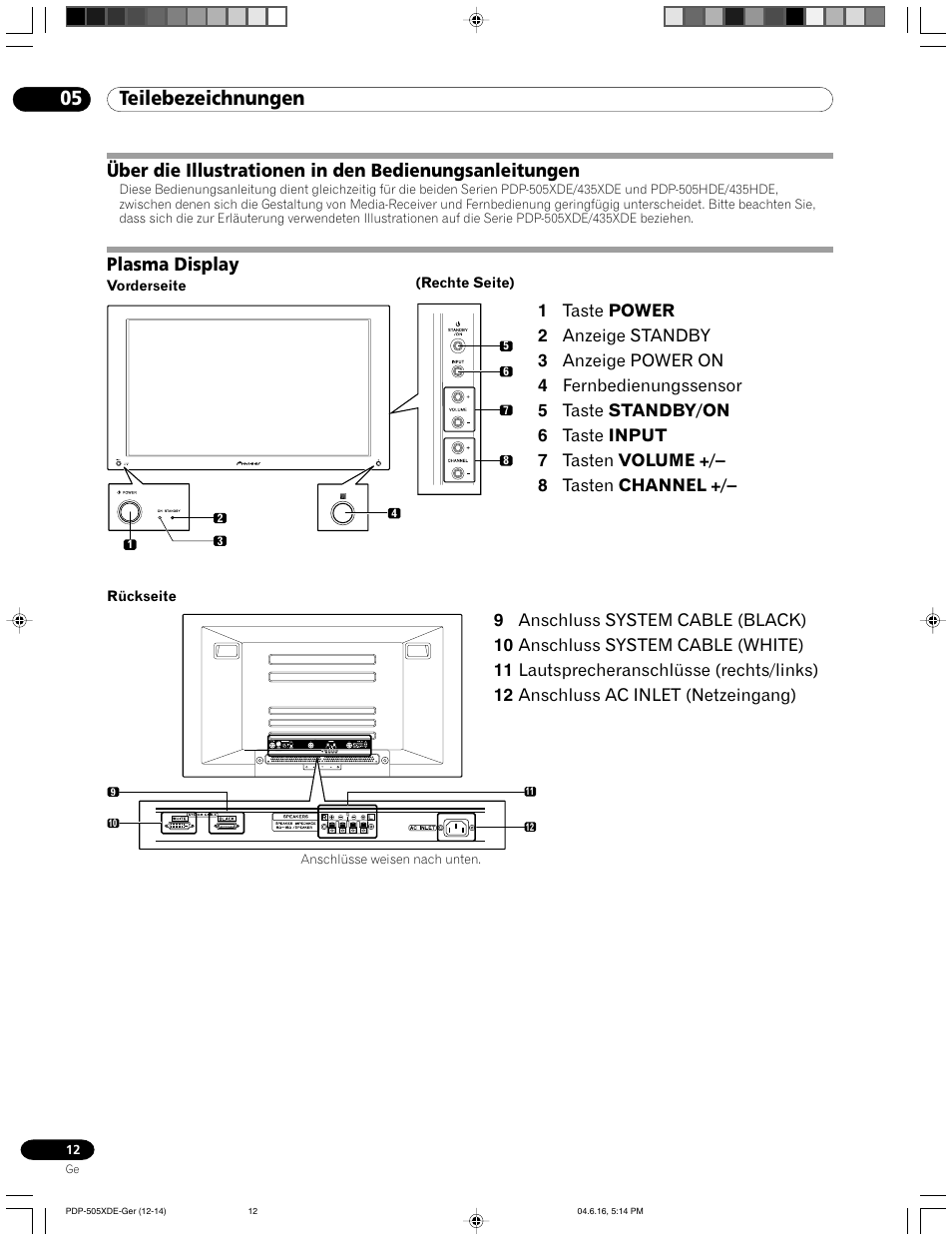 05 teilebezeichnungen, Plasma display | Pioneer PDP-505HDE User Manual | Page 128 / 176