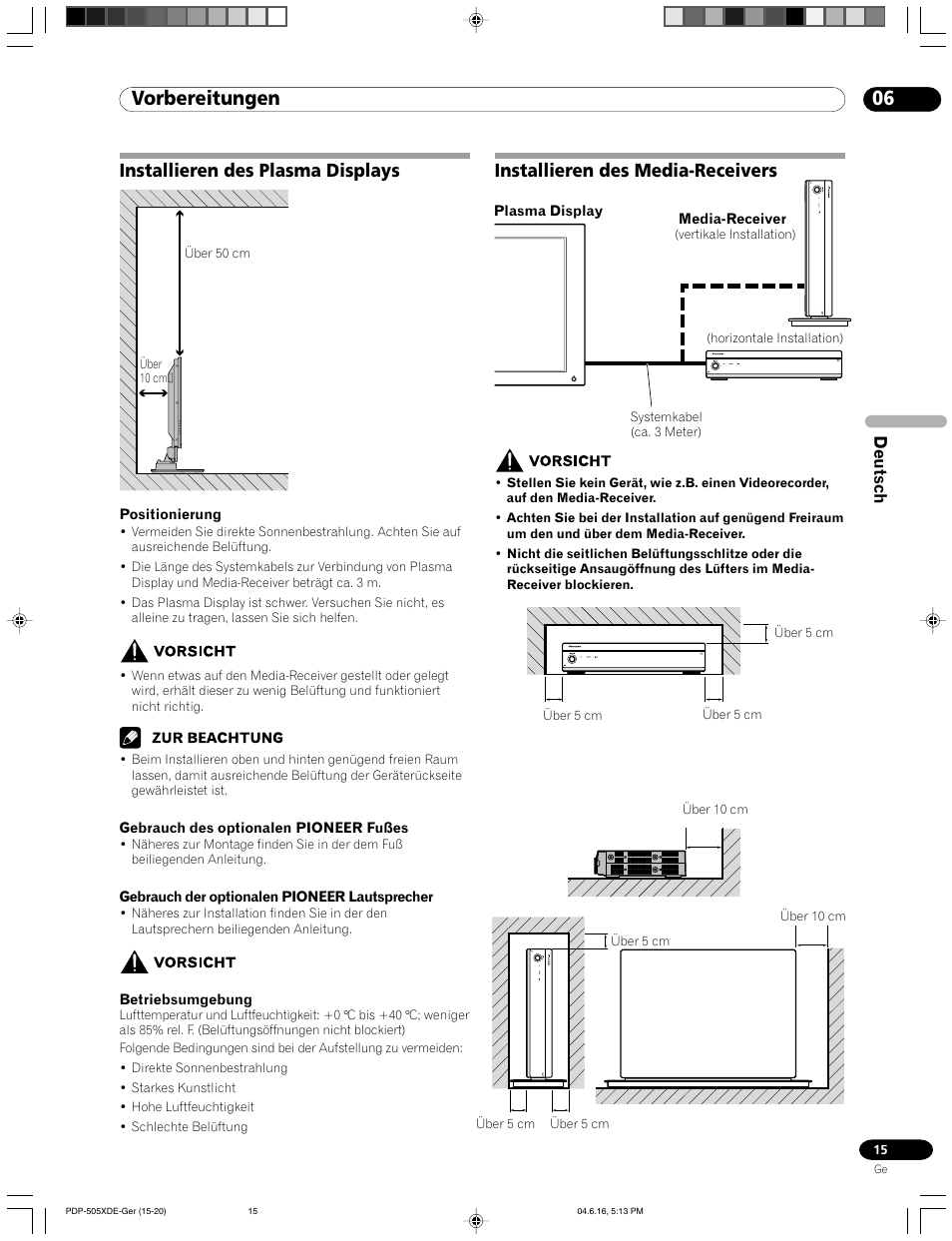 06 vorbereitungen, Installieren des plasma displays, Installieren des media-receivers | Deutsch | Pioneer PDP-505HDE User Manual | Page 131 / 176