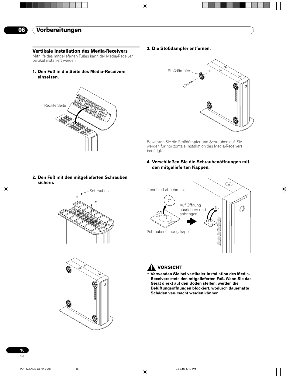 Vertikale installation des media-receivers, 06 vorbereitungen | Pioneer PDP-505HDE User Manual | Page 132 / 176