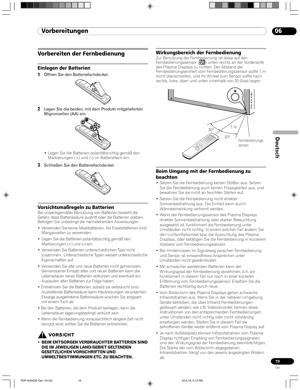 Vorbereiten der fernbedienung, 06 vorbereitungen, Deutsch | Pioneer PDP-505HDE User Manual | Page 135 / 176