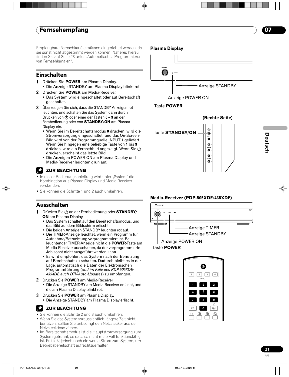 07 fernsehempfang, Einschalten ausschalten, Einschalten | Ausschalten | Pioneer PDP-505HDE User Manual | Page 137 / 176