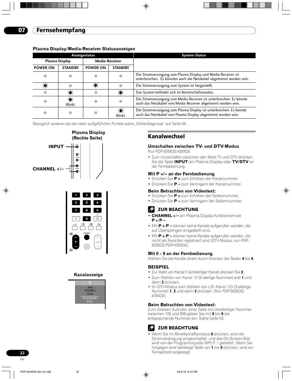 Kanalwechsel, 07 fernsehempfang | Pioneer PDP-505HDE User Manual | Page 138 / 176