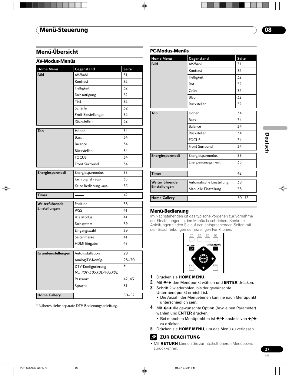 08 menü-steuerung, Menü-übersicht, Av-modus-menüs pc-modus-menüs menü-bedienung | Deutsch | Pioneer PDP-505HDE User Manual | Page 143 / 176