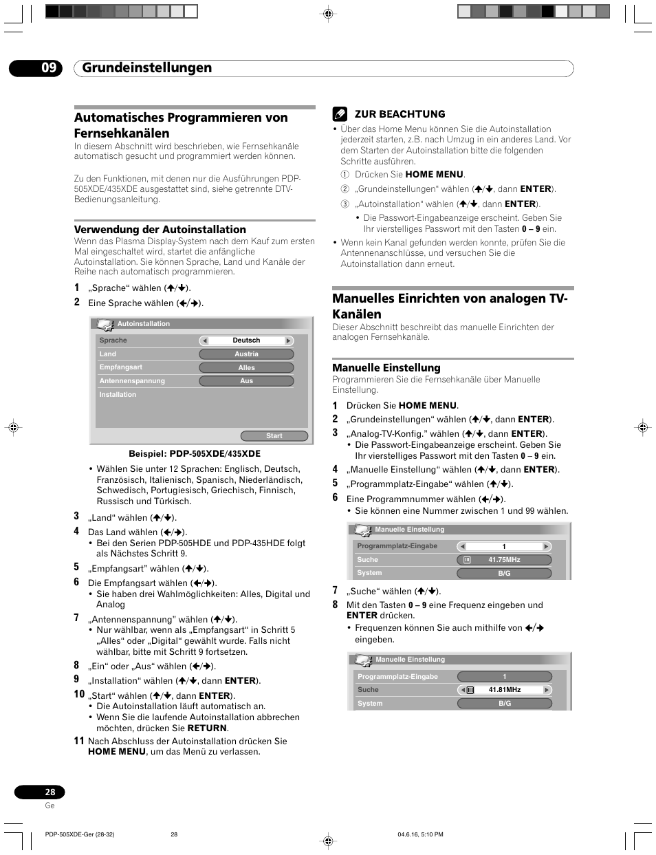 09 grundeinstellungen, Automatisches programmieren von fernsehkanälen, Verwendung der autoinstallation | Manuelles einrichten von analogen tv-kanälen, Manuelle einstellung, Manuelles einrichten von analogen tv- kanälen | Pioneer PDP-505HDE User Manual | Page 144 / 176