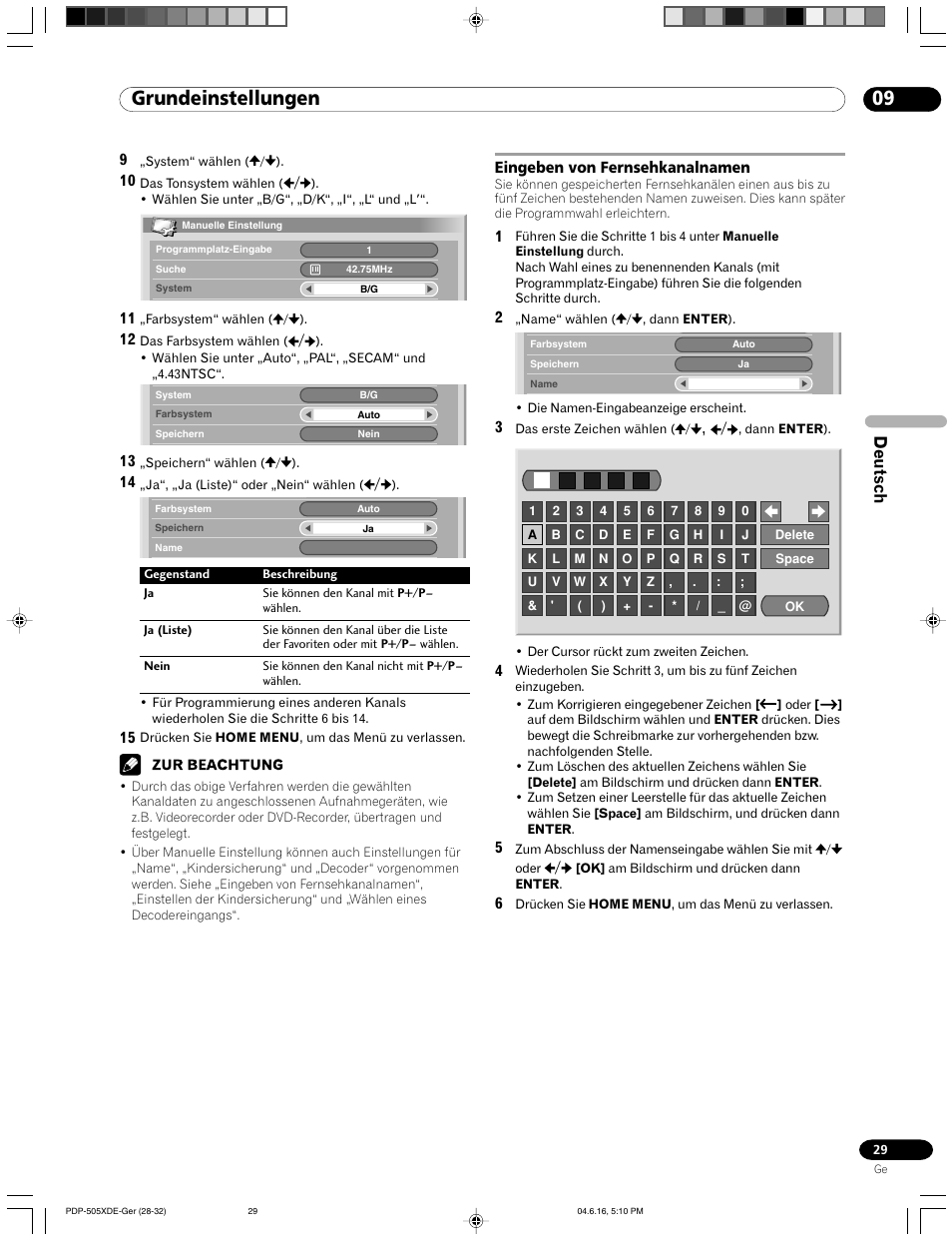 Eingeben von fernsehkanalnamen, 09 grundeinstellungen, Deutsch | Pioneer PDP-505HDE User Manual | Page 145 / 176