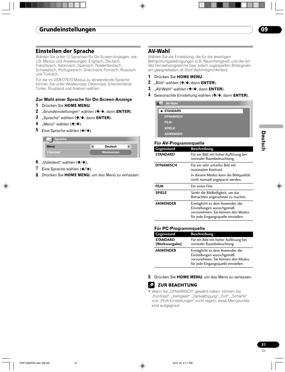 Einstellen der sprache av-wahl, 09 grundeinstellungen, Einstellen der sprache | Av-wahl, Deutsch | Pioneer PDP-505HDE User Manual | Page 147 / 176