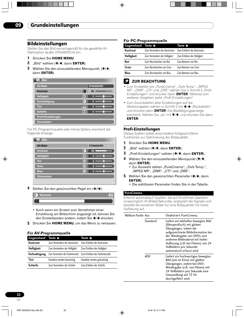 Bildeinstellungen, Profi-einstellungen, 09 grundeinstellungen | Pioneer PDP-505HDE User Manual | Page 148 / 176