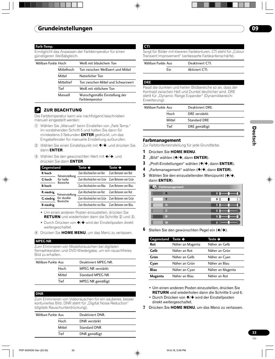 Farbmanagement, 09 grundeinstellungen, Deutsch | Pioneer PDP-505HDE User Manual | Page 149 / 176