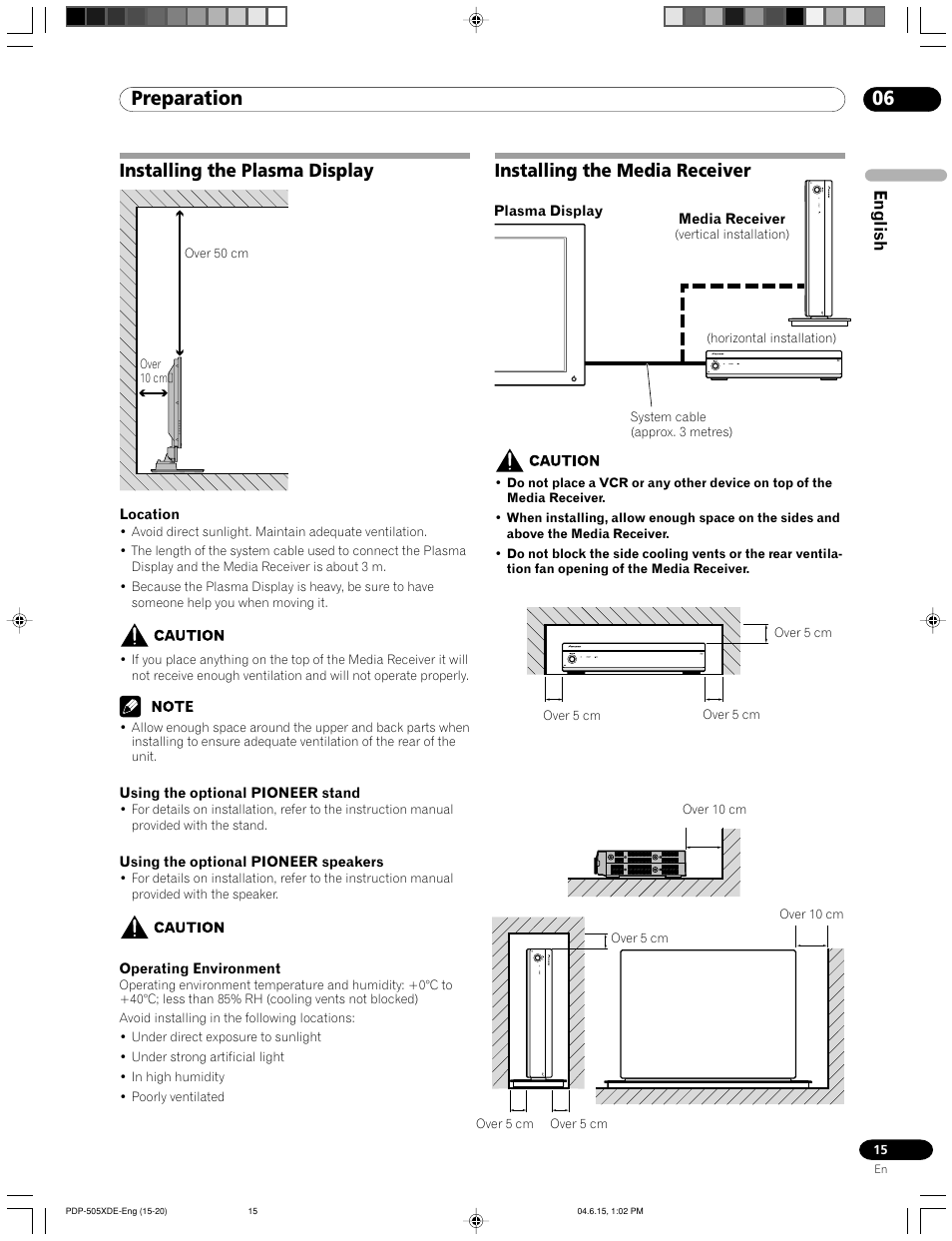 06 preparation, Installing the plasma display, Installing the media receiver | English | Pioneer PDP-505HDE User Manual | Page 15 / 176