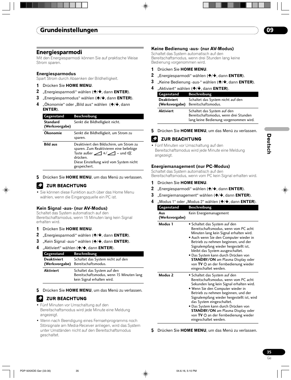 Energiesparmodi, 09 grundeinstellungen, Deutsch | Pioneer PDP-505HDE User Manual | Page 151 / 176