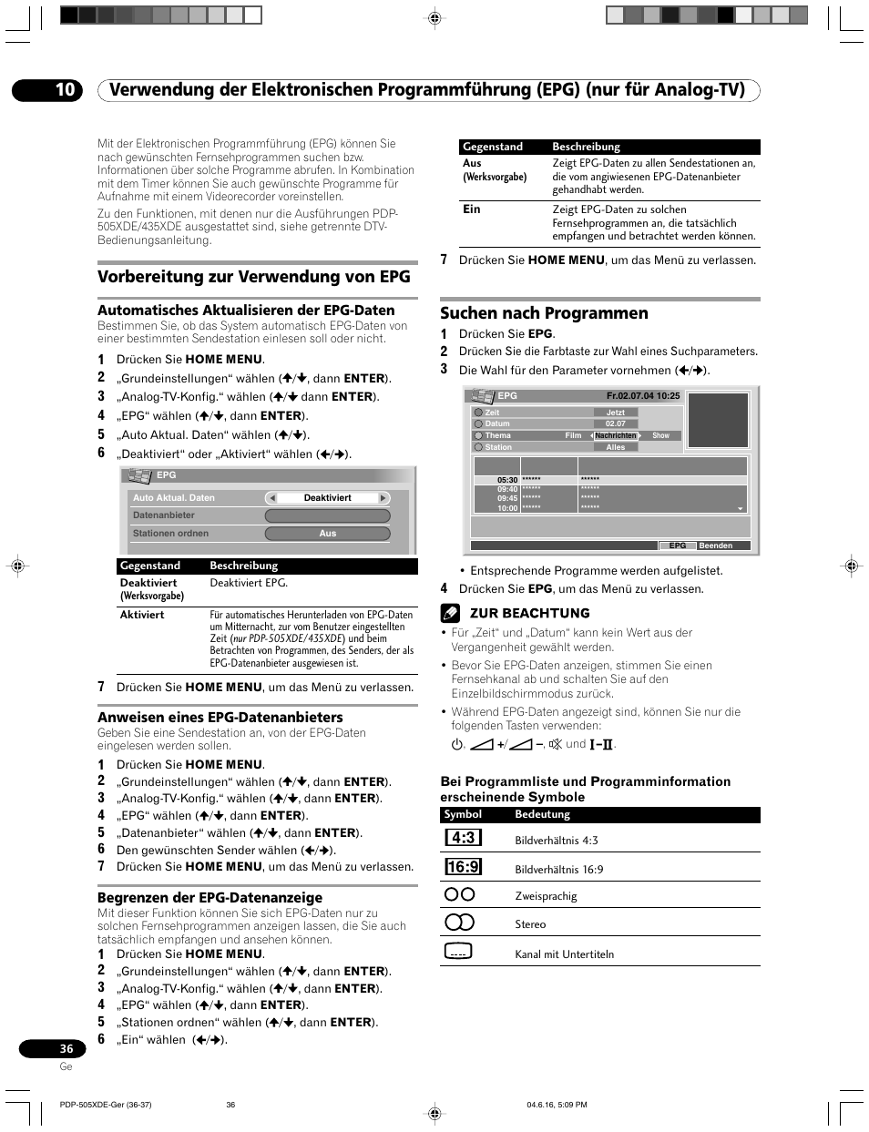 10 verwendung der elektronischen, Programmführung (epg) (nur für analog-tv), Vorbereitung zur verwendung von epg | Suchen nach programmen | Pioneer PDP-505HDE User Manual | Page 152 / 176