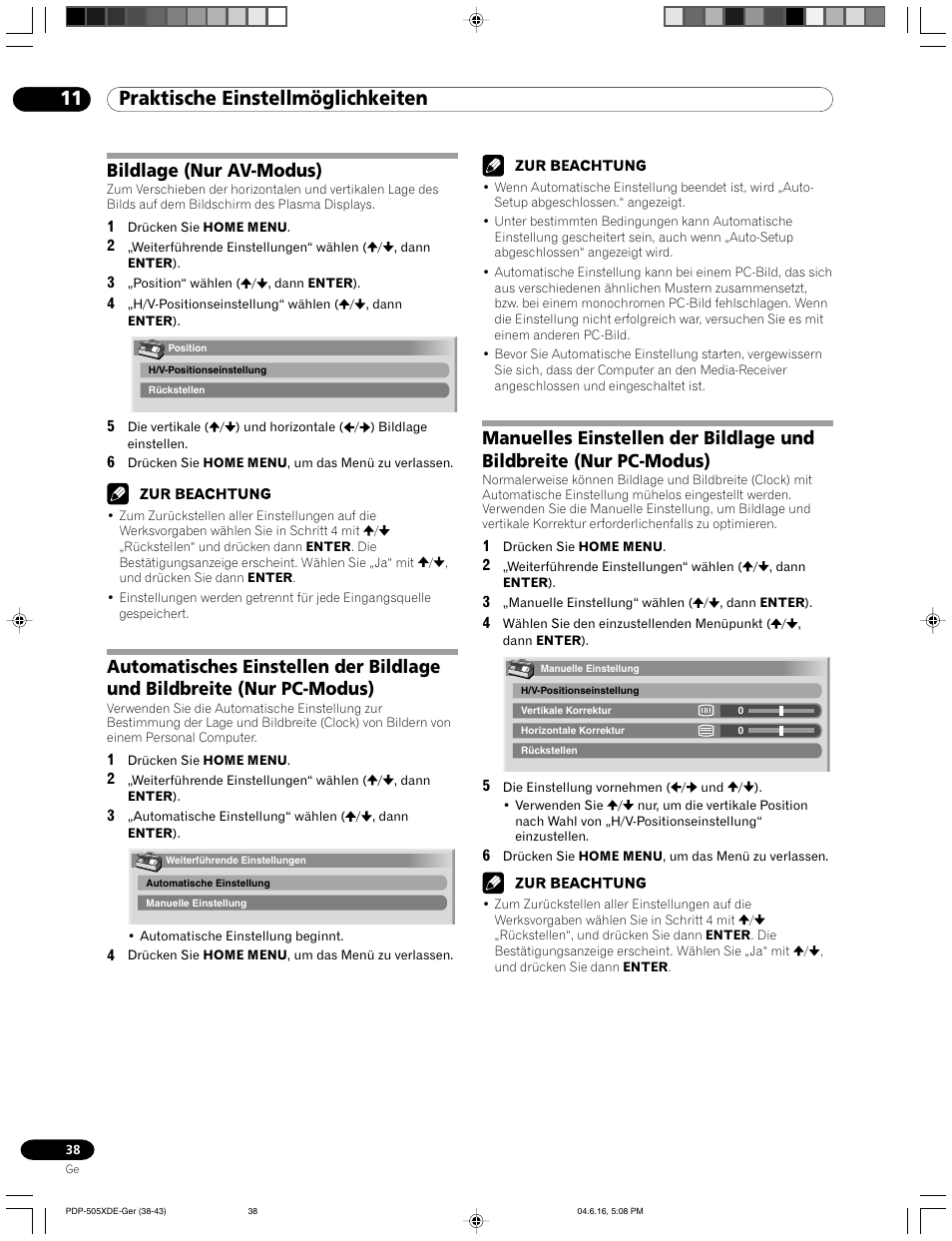 11 praktische einstellmöglichkeiten, Bildlage (nur av-modus) | Pioneer PDP-505HDE User Manual | Page 154 / 176