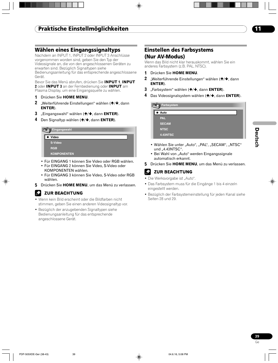 11 praktische einstellmöglichkeiten, Einstellen des farbsystems (nur av-modus), Wählen eines eingangssignaltyps | Deutsch | Pioneer PDP-505HDE User Manual | Page 155 / 176