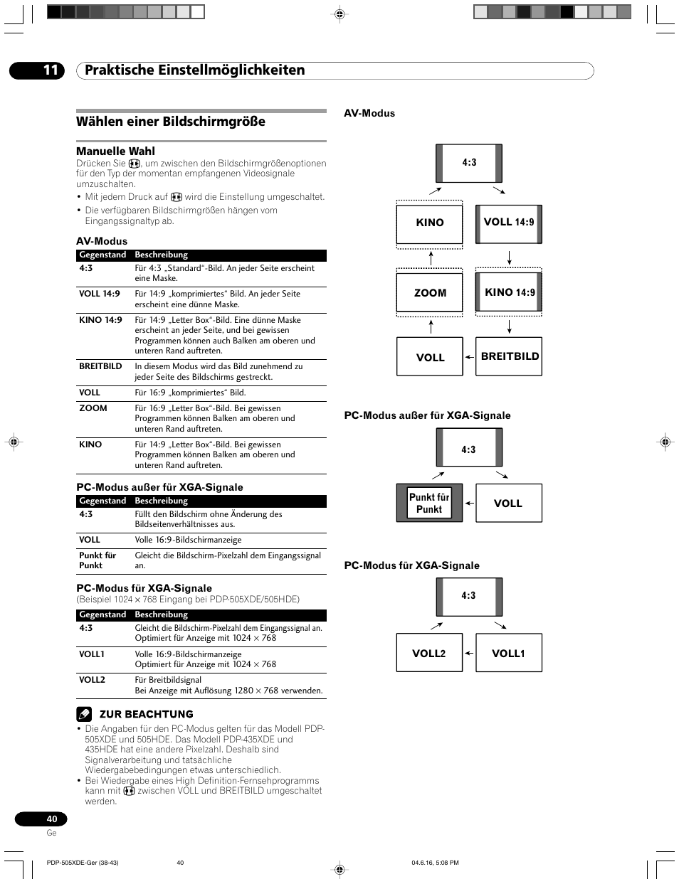 Wählen einer bildschirmgröße, Manuelle wahl, 11 praktische einstellmöglichkeiten | Pioneer PDP-505HDE User Manual | Page 156 / 176