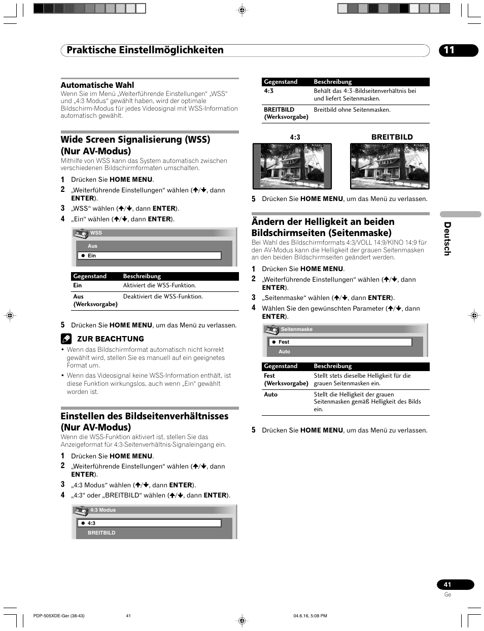 Automatische wahl, 11 praktische einstellmöglichkeiten, Wide screen signalisierung (wss) (nur av-modus) | Deutsch | Pioneer PDP-505HDE User Manual | Page 157 / 176