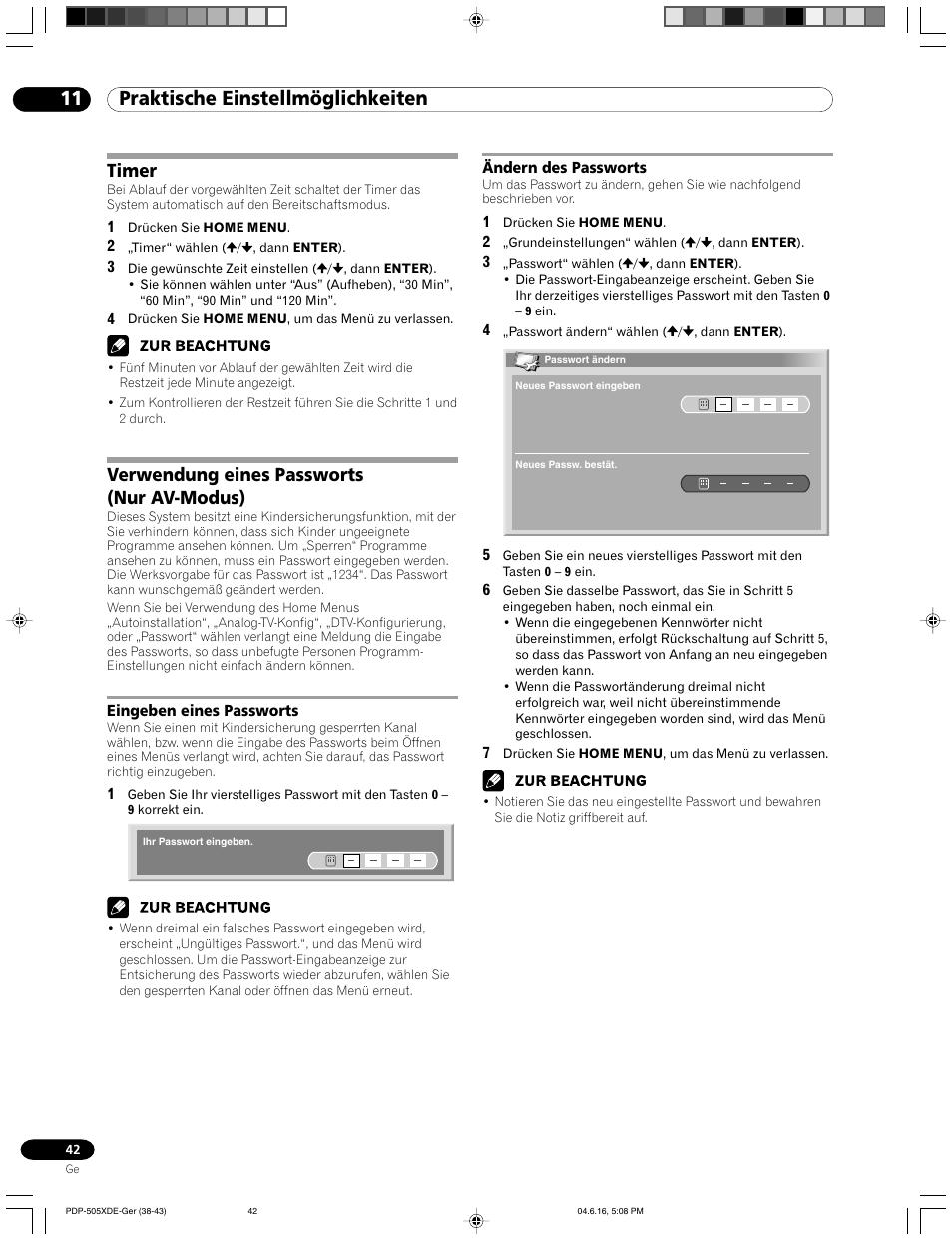 Timer verwendung eines passworts (nur av-modus), Eingeben eines passworts ändern des passworts, 11 praktische einstellmöglichkeiten | Timer, Verwendung eines passworts (nur av-modus) | Pioneer PDP-505HDE User Manual | Page 158 / 176