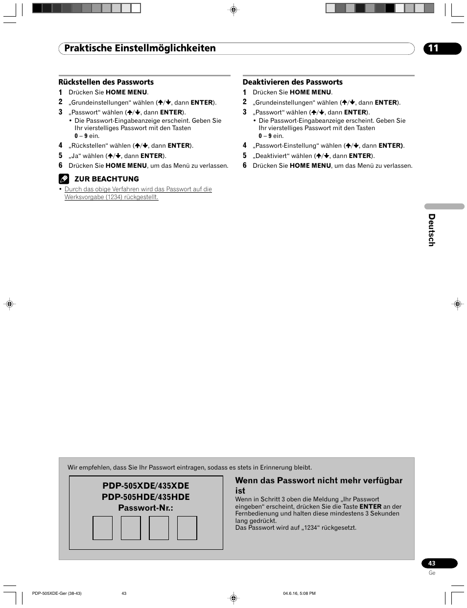 11 praktische einstellmöglichkeiten | Pioneer PDP-505HDE User Manual | Page 159 / 176