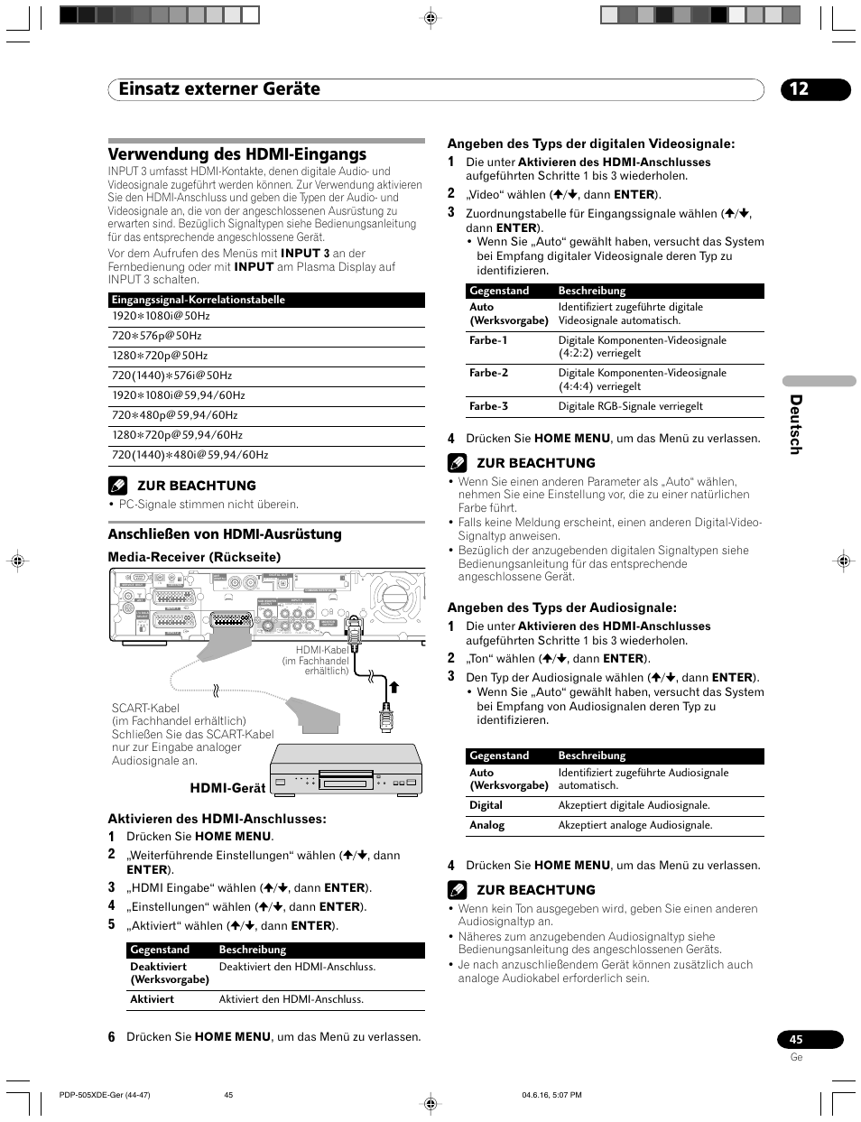 Verwendung des hdmi-eingangs, Anschließen von hdmi-ausrüstung, 12 einsatz externer geräte | Deutsch | Pioneer PDP-505HDE User Manual | Page 161 / 176