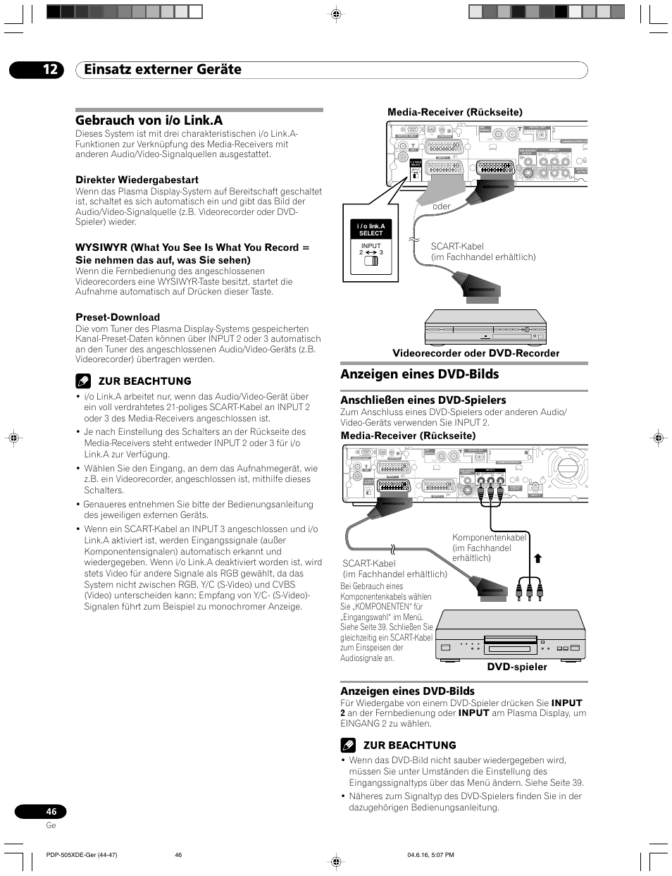 Gebrauch von i/o link.a anzeigen eines dvd-bilds, 12 einsatz externer geräte, Gebrauch von i/o link.a | Anzeigen eines dvd-bilds, Anschließen eines dvd-spielers, Direkter wiedergabestart, Preset-download, Media-receiver (rückseite), Dvd-spieler media-receiver (rückseite), Videorecorder oder dvd-recorder | Pioneer PDP-505HDE User Manual | Page 162 / 176