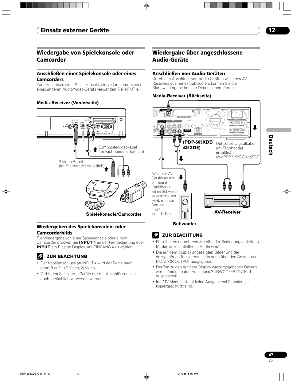 Wiedergabe von spielekonsole oder camcorder, Wiedergabe über angeschlossene audio-geräte, Anschließen von audio-geräten | 12 einsatz externer geräte, Deutsch, Media-receiver (rückseite), S-video-kabel (im fachhandel erhältlich) | Pioneer PDP-505HDE User Manual | Page 163 / 176