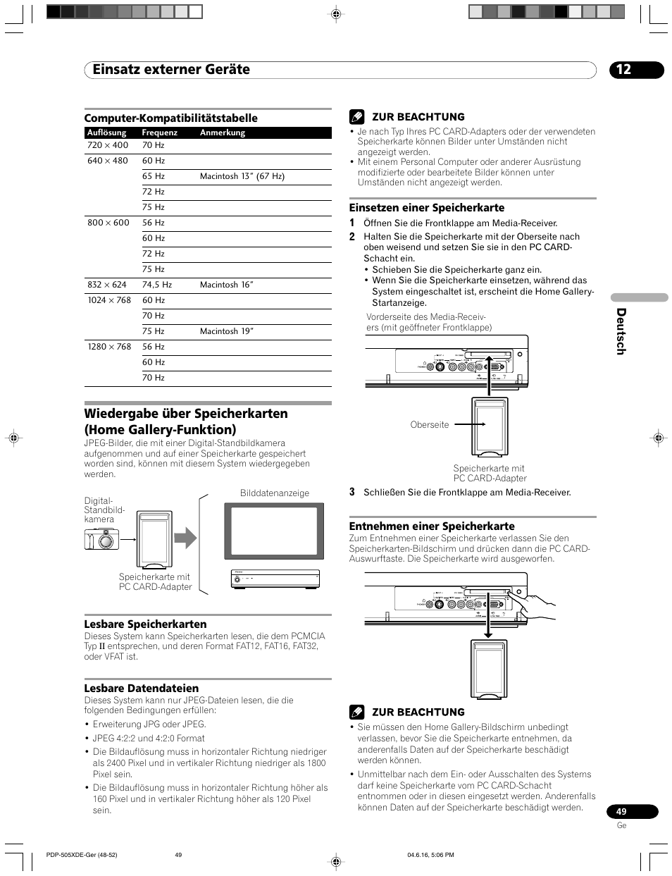 Computer-kompatibilitätstabelle, 12 einsatz externer geräte, Deutsch | Pioneer PDP-505HDE User Manual | Page 165 / 176