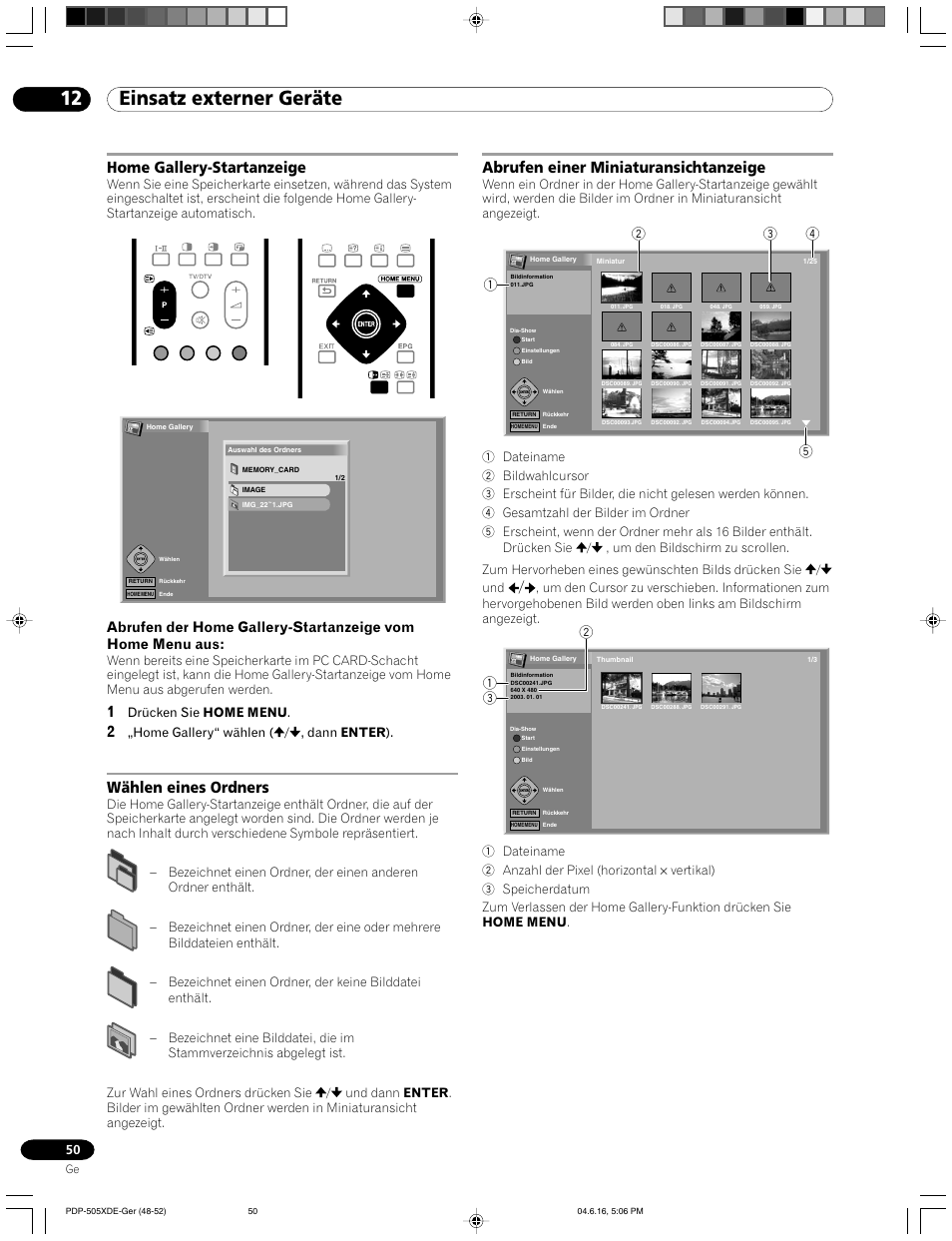 12 einsatz externer geräte, Wählen eines ordners, Home gallery-startanzeige | Abrufen einer miniaturansichtanzeige, Drücken sie home menu, Home gallery“ wählen ( / , dann enter ) | Pioneer PDP-505HDE User Manual | Page 166 / 176