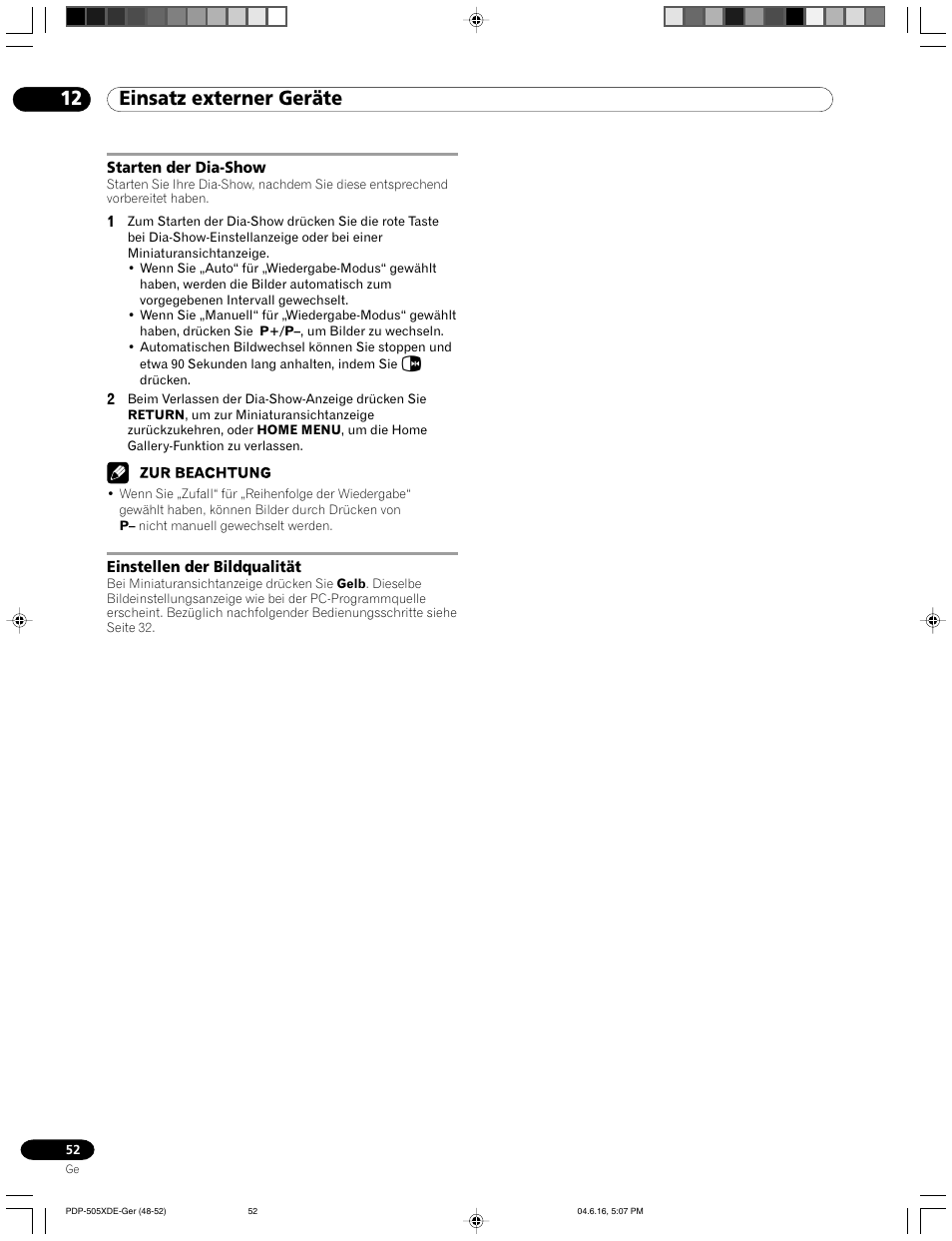 Starten der dia-show einstellen der bildqualität, 12 einsatz externer geräte | Pioneer PDP-505HDE User Manual | Page 168 / 176