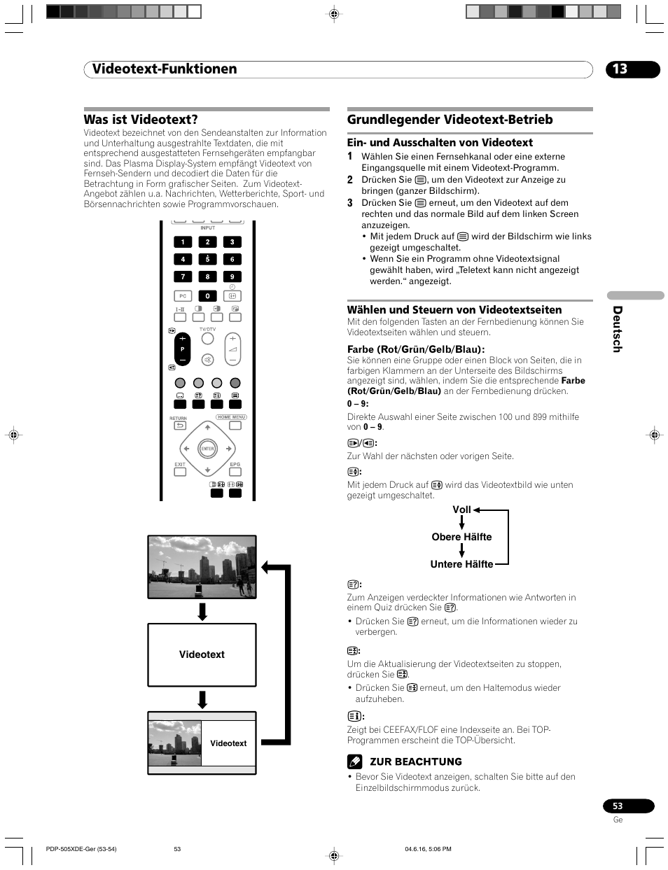 13 videotext-funktionen, Was ist videotext? grundlegender videotext-betrieb, Was ist videotext | Grundlegender videotext-betrieb, Deutsch | Pioneer PDP-505HDE User Manual | Page 169 / 176