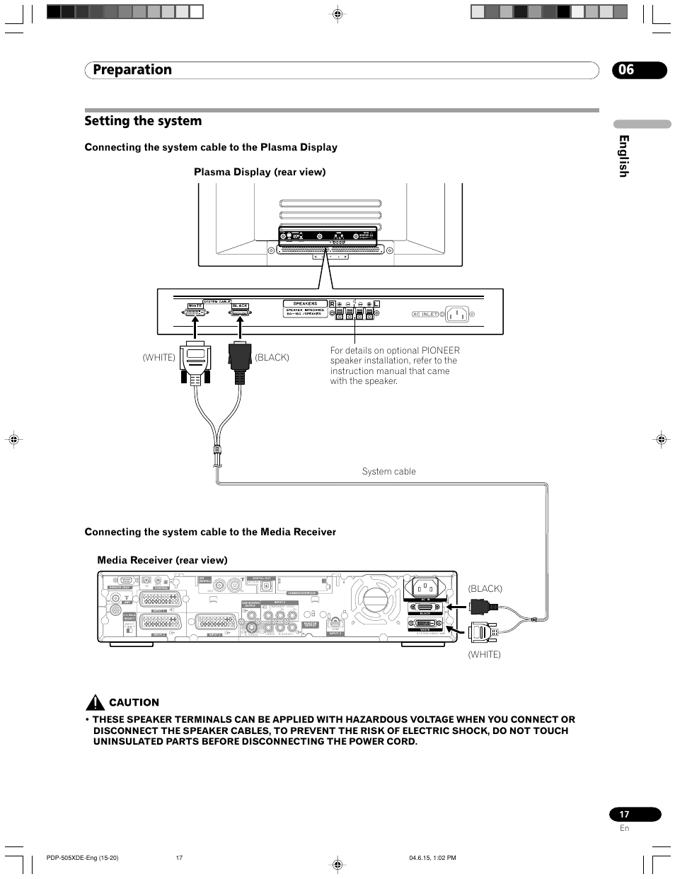 Setting the system, 06 preparation, English | Connecting the system cable to the plasma display, Connecting the system cable to the media receiver, Plasma display (rear view), Media receiver (rear view), White) (black) system cable, White) (black) | Pioneer PDP-505HDE User Manual | Page 17 / 176