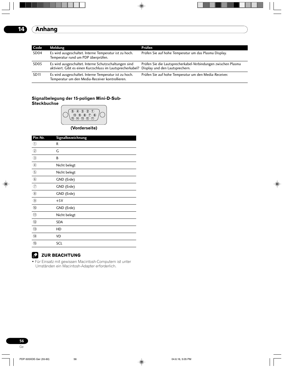 14 anhang | Pioneer PDP-505HDE User Manual | Page 172 / 176