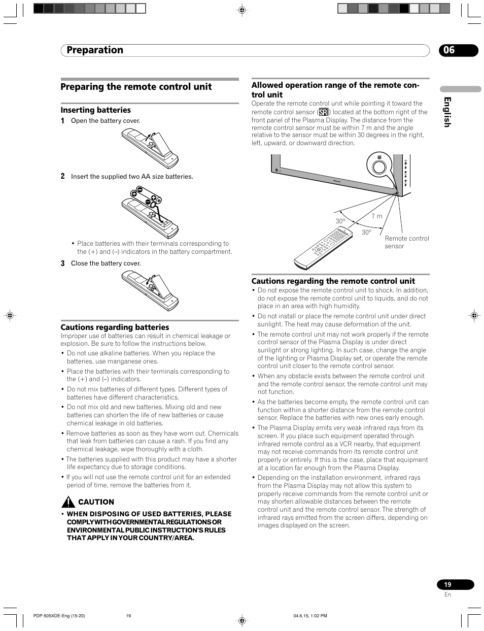 Preparing the remote control unit, 06 preparation, English | Pioneer PDP-505HDE User Manual | Page 19 / 176