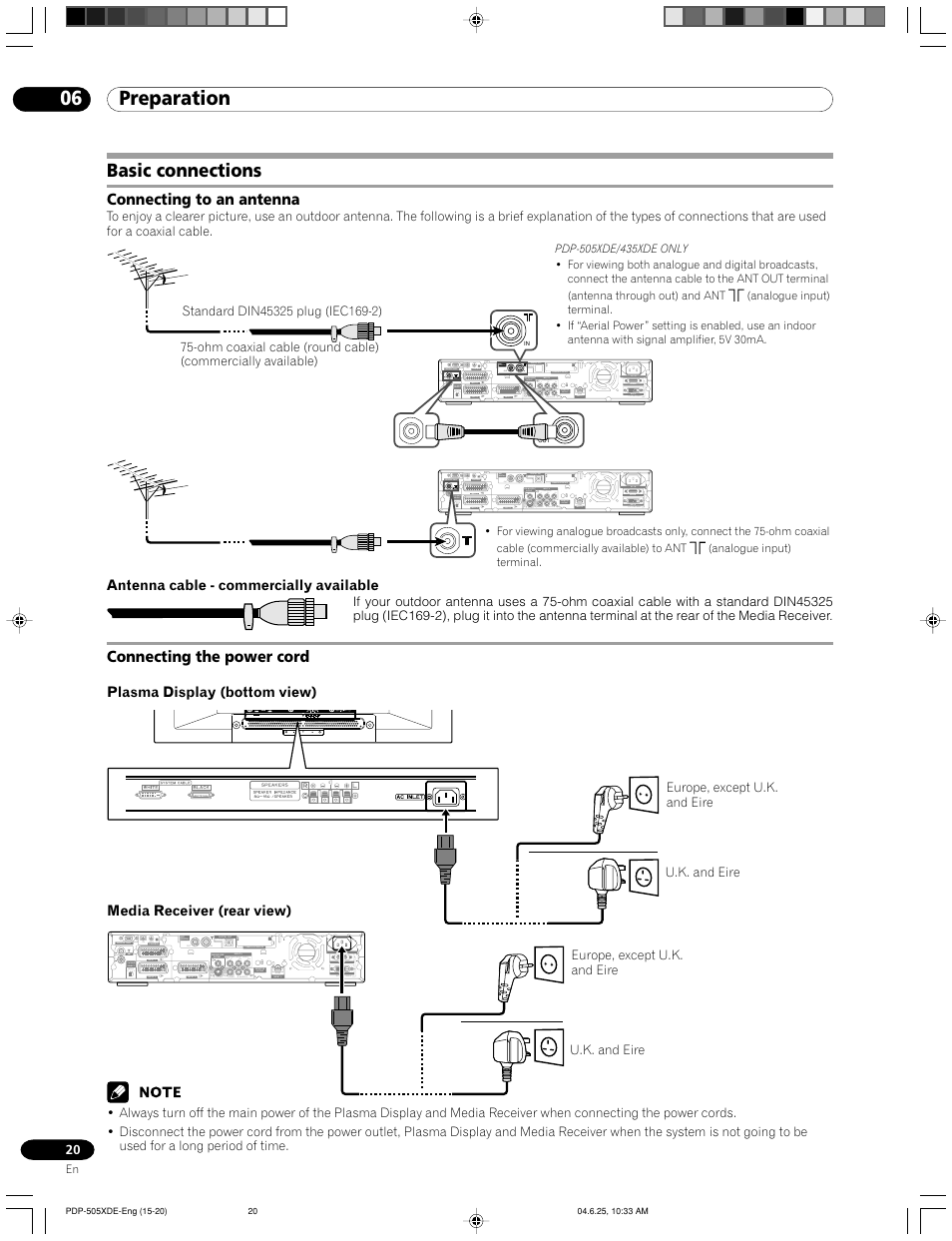 Basic connections, Connecting to an antenna connecting the power cord, 06 preparation | Pioneer PDP-505HDE User Manual | Page 20 / 176