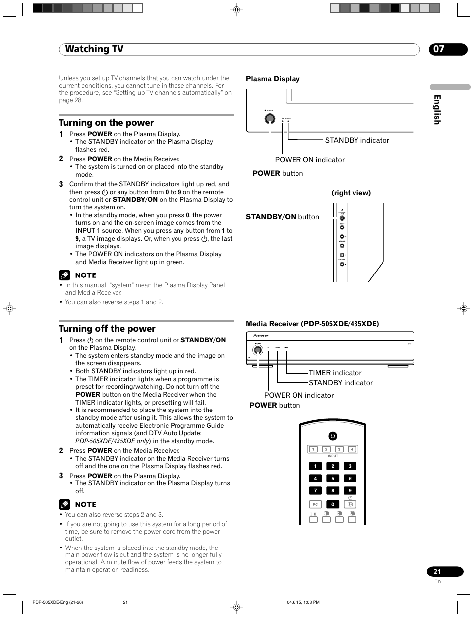 07 watching tv, Turning on the power turning off the power, Turning on the power | Turning off the power | Pioneer PDP-505HDE User Manual | Page 21 / 176