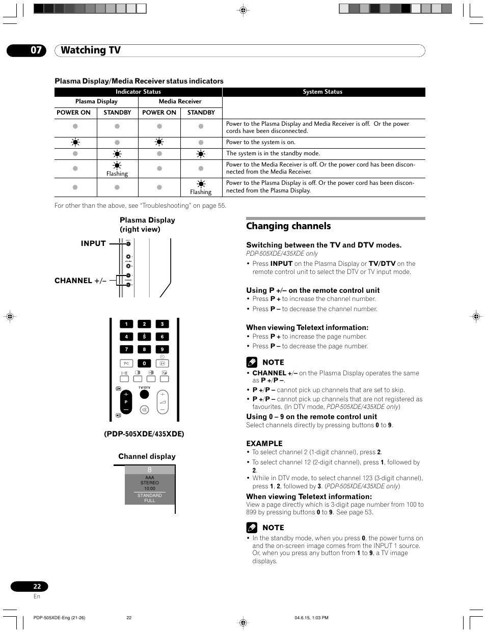 Changing channels, 07 watching tv | Pioneer PDP-505HDE User Manual | Page 22 / 176