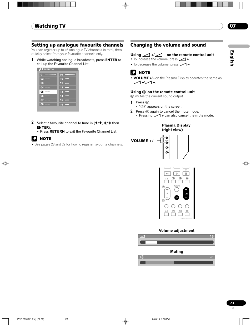 07 watching tv, Changing the volume and sound, Setting up analogue favourite channels | English | Pioneer PDP-505HDE User Manual | Page 23 / 176