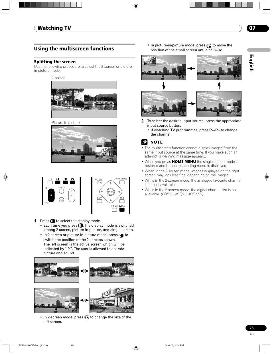 Using the multiscreen functions, Splitting the screen, 07 watching tv | English | Pioneer PDP-505HDE User Manual | Page 25 / 176