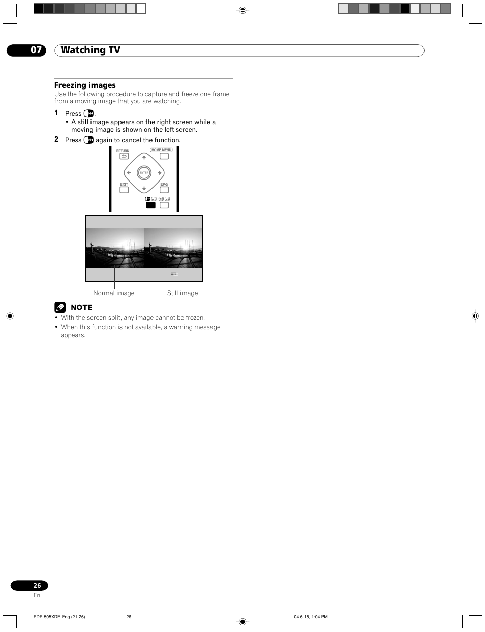 Freezing images, 07 watching tv | Pioneer PDP-505HDE User Manual | Page 26 / 176