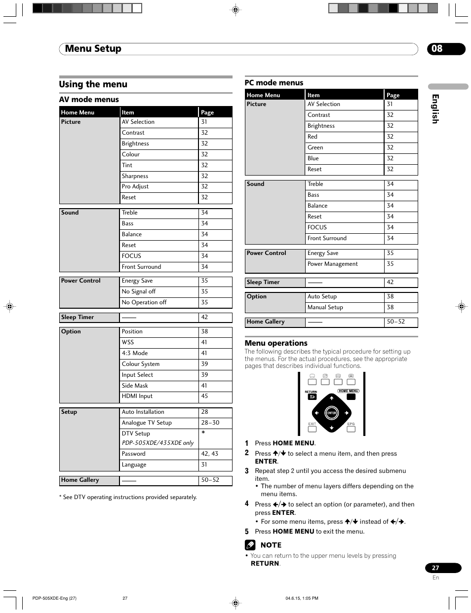 08 menu setup, Using the menu, Av mode menus pc mode menus menu operations | English | Pioneer PDP-505HDE User Manual | Page 27 / 176