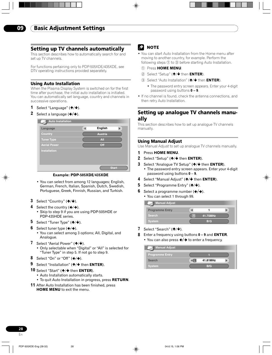 09 basic adjustment settings, Setting up tv channels automatically, Using auto installation | Setting up analogue tv channels manually, Using manual adjust, Setting up analogue tv channels manu- ally | Pioneer PDP-505HDE User Manual | Page 28 / 176