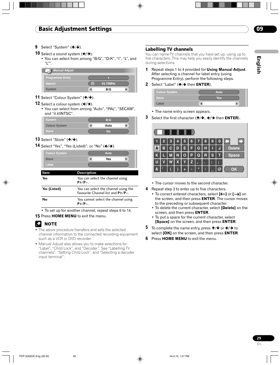 Labelling tv channels, 09 basic adjustment settings, English | Pioneer PDP-505HDE User Manual | Page 29 / 176