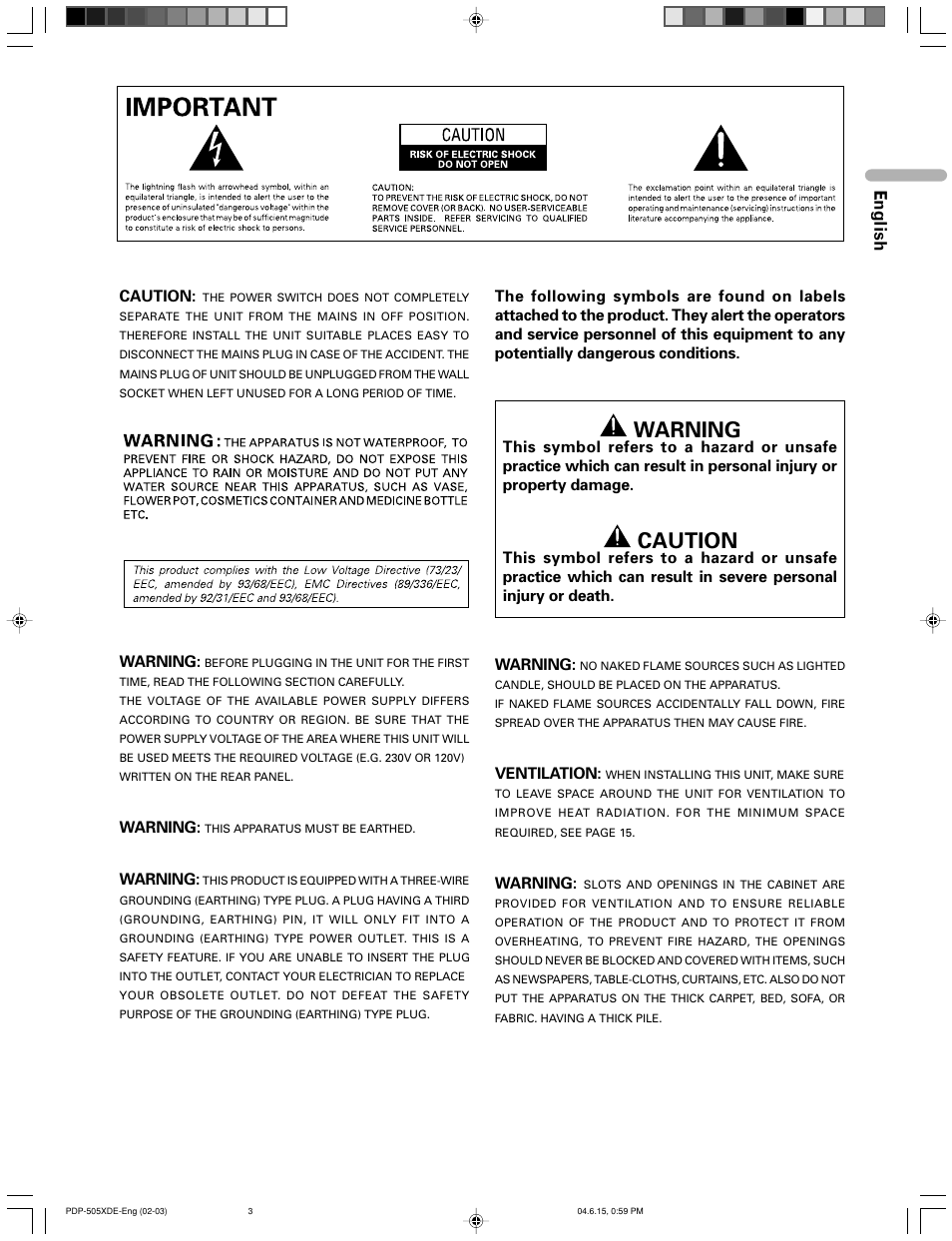 Warning, Caution, English | Pioneer PDP-505HDE User Manual | Page 3 / 176