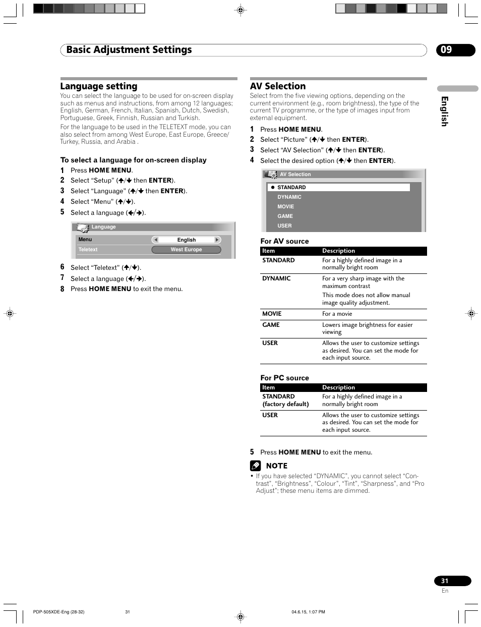 Language setting av selection, 09 basic adjustment settings, Language setting | Av selection, English | Pioneer PDP-505HDE User Manual | Page 31 / 176