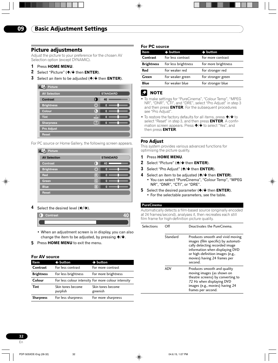 Picture adjustments, Pro adjust, 09 basic adjustment settings | Pioneer PDP-505HDE User Manual | Page 32 / 176