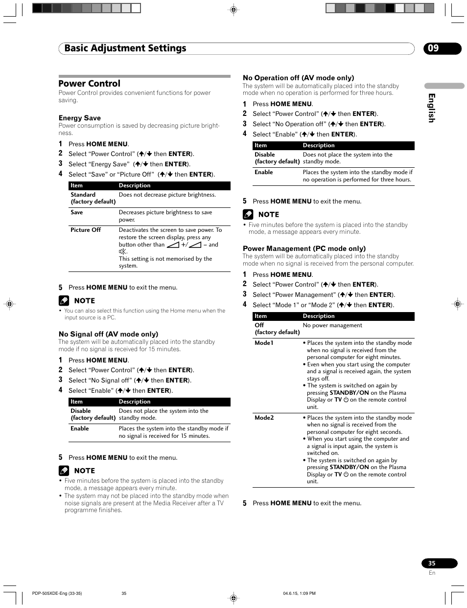 Power control, 09 basic adjustment settings, English | Pioneer PDP-505HDE User Manual | Page 35 / 176