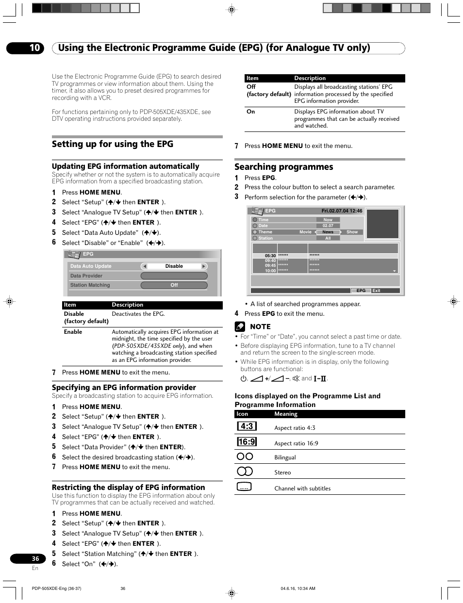 10 using the electronic programme guide (epg), For analogue tv only), Setting up for using the epg | Searching programmes | Pioneer PDP-505HDE User Manual | Page 36 / 176