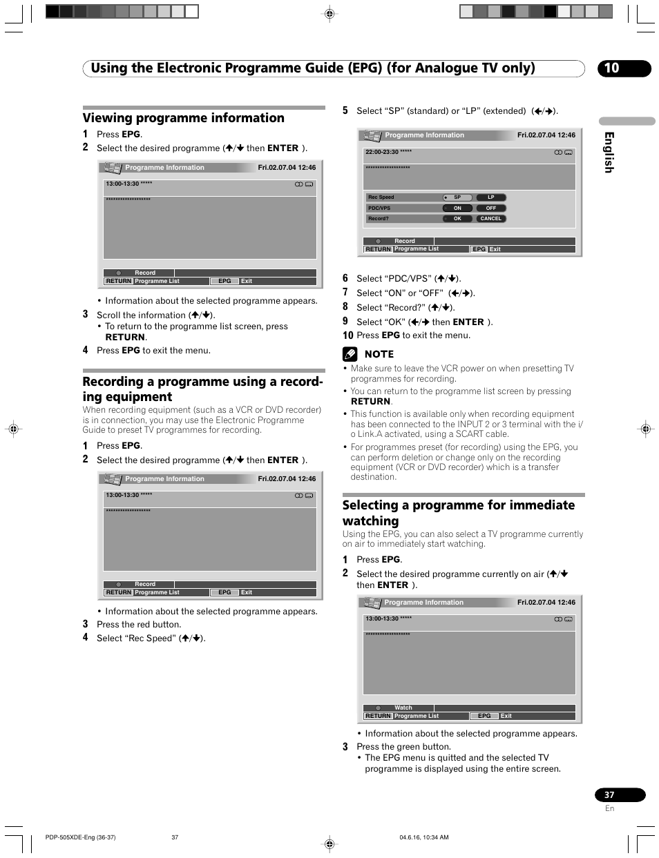 Viewing programme information, Selecting a programme for immediate watching, English | Pioneer PDP-505HDE User Manual | Page 37 / 176