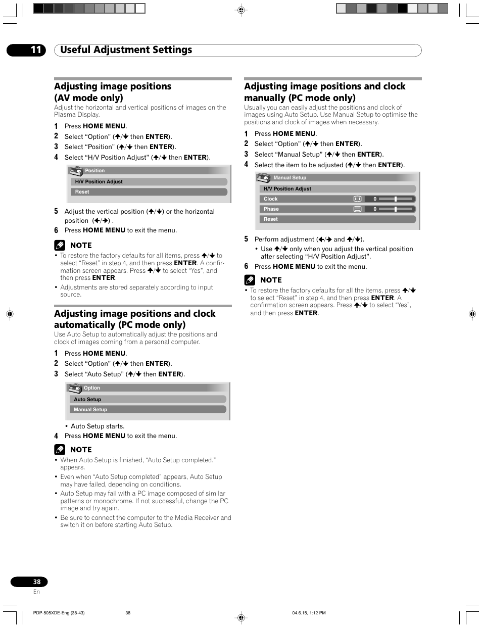 11 useful adjustment settings, Adjusting image positions (av mode only) | Pioneer PDP-505HDE User Manual | Page 38 / 176