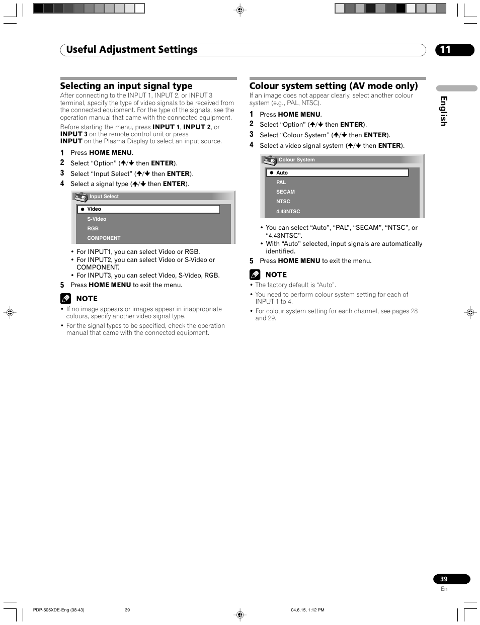 11 useful adjustment settings, Colour system setting (av mode only), Selecting an input signal type | English | Pioneer PDP-505HDE User Manual | Page 39 / 176